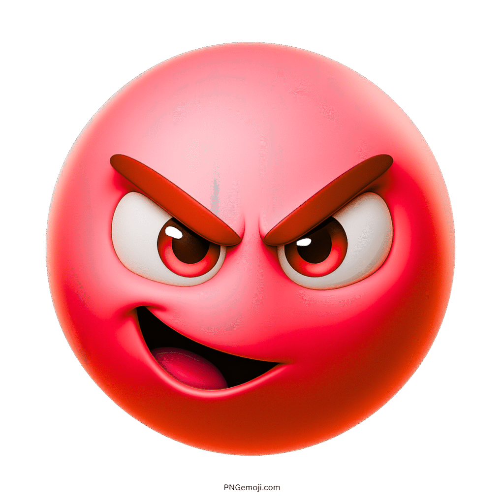 Red 3D emoji with evil grin, angry eyes, and mischievous facial expression