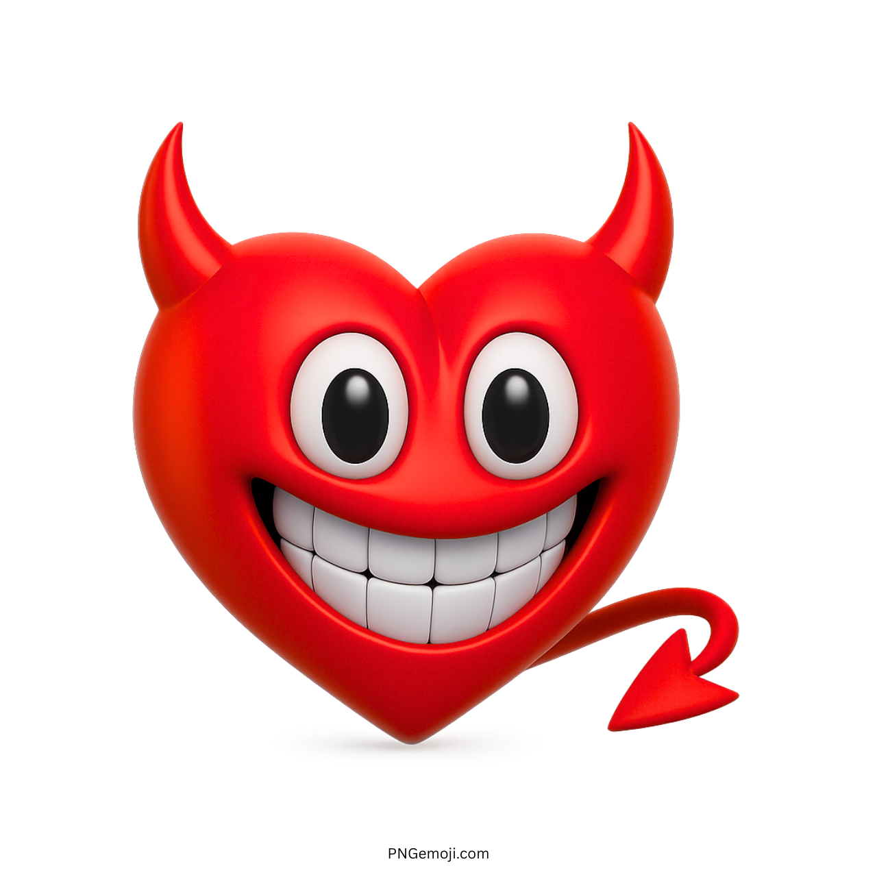 3D red naughty heart emoji with devil horns, wide toothy grin, and curled tail
