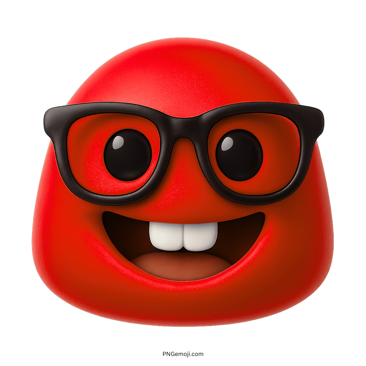 red nerd face emoji with black glasses smiling and showing big front teeth