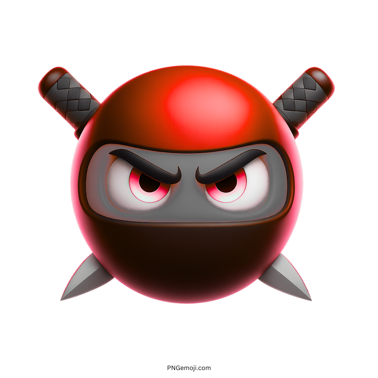 3D red ninja emoji with angry eyes and two katana swords on transparent background