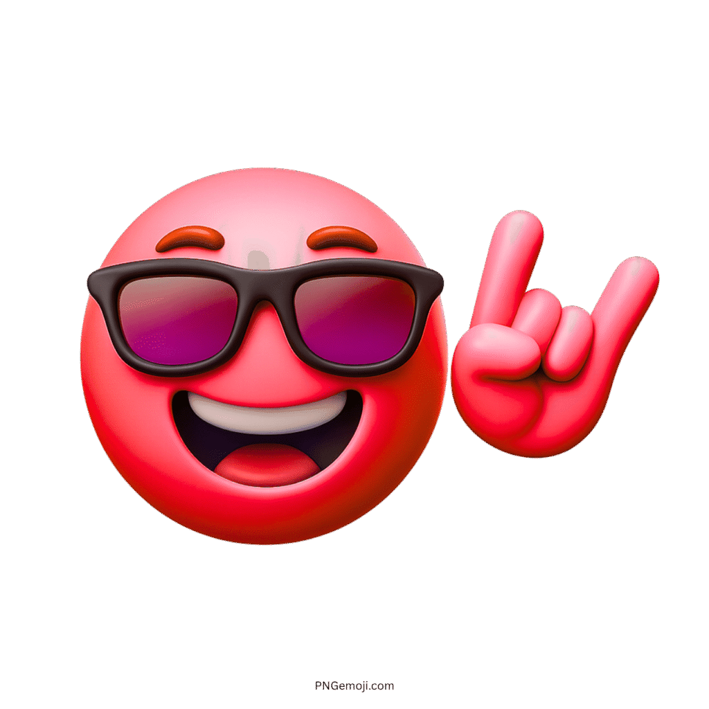 Red 3D emoji with sunglasses smiling and showing rock-on hand gesture in celebration