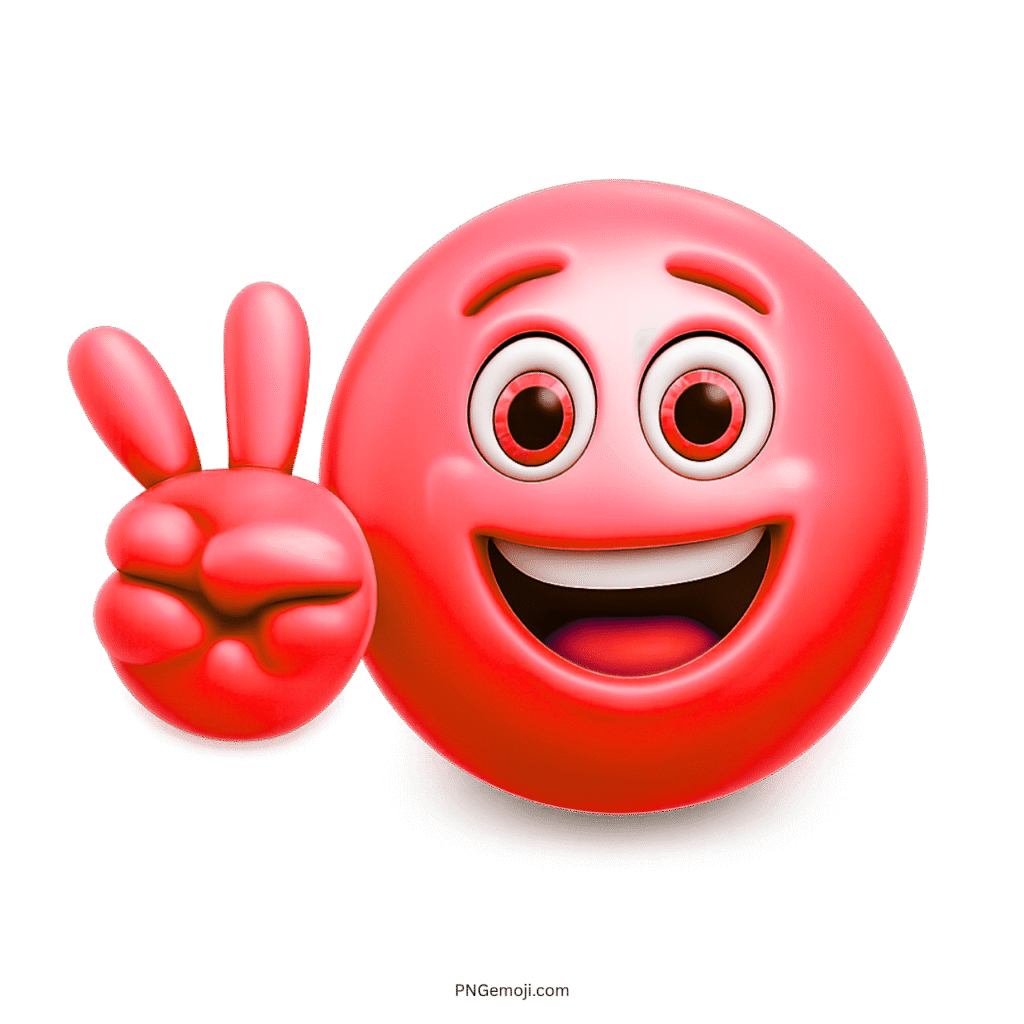 Red happy emoji with big smile and peace hand gesture in 3D style.