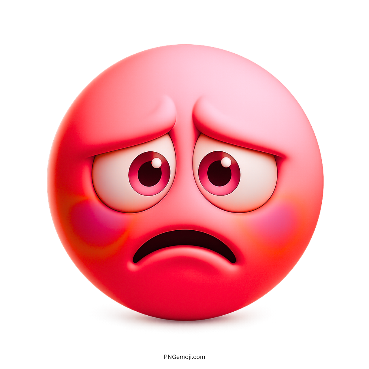 3D red pink frowning emoji with sad eyes and emotional downturned mouth expression