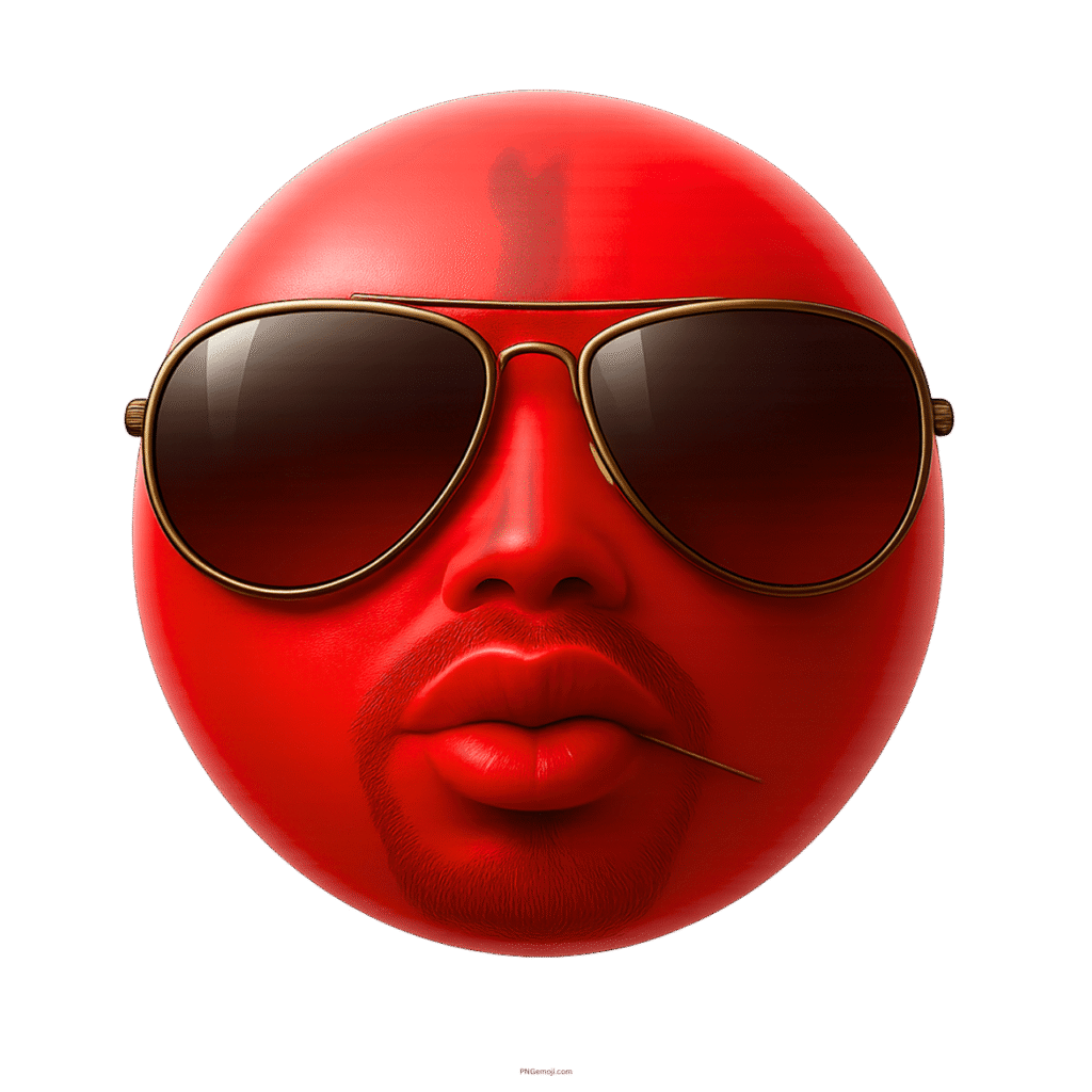 Red emoji face with sunglasses beard and toothpick for confident cool vibe