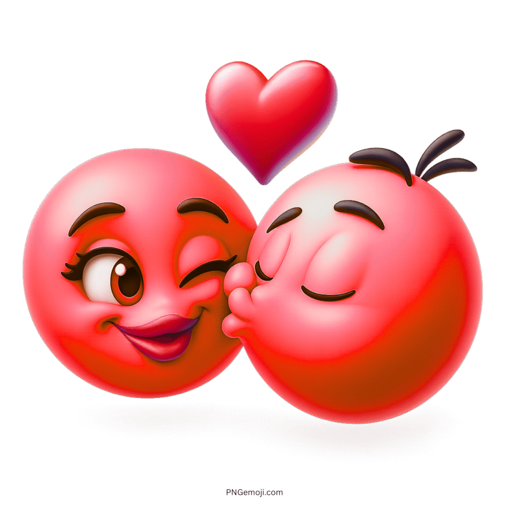 Red romantic couple emoji kissing with heart and love expression in 3D cartoon style