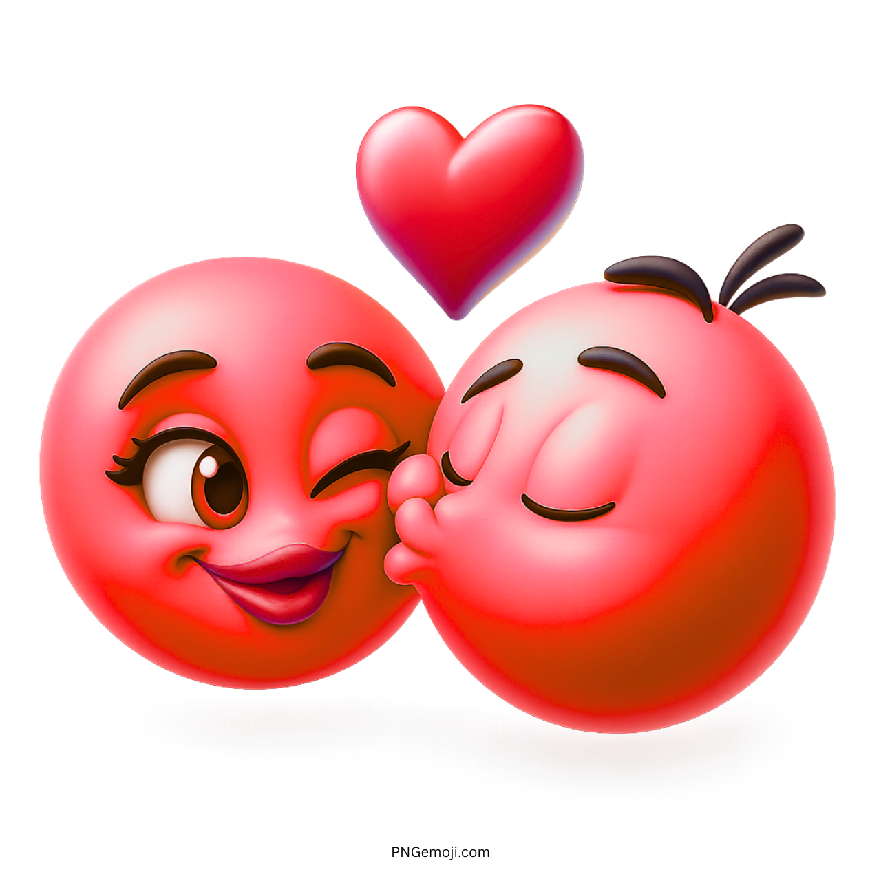 Red romantic couple emoji kissing with heart and love expression in 3D cartoon style