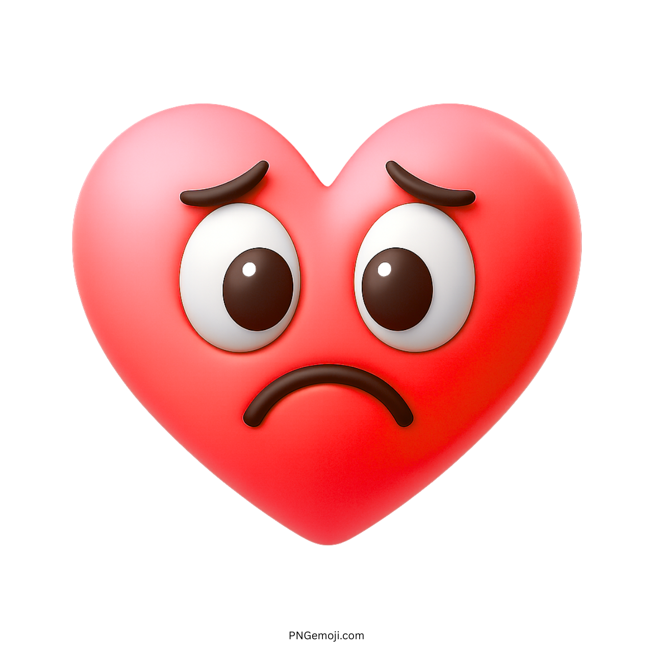 Red heart emoji with sad frown and expressive cartoon eyes in 3D style