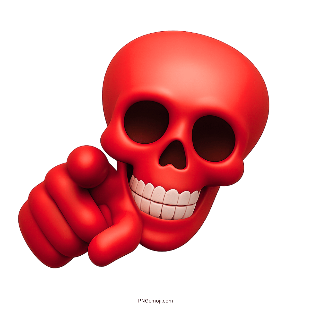 3D red skull emoji pointing finger with intense eyes and evil grin