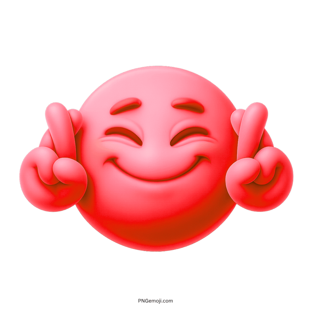 3D red emoji with hopeful smile and fingers crossed gesture for luck or love