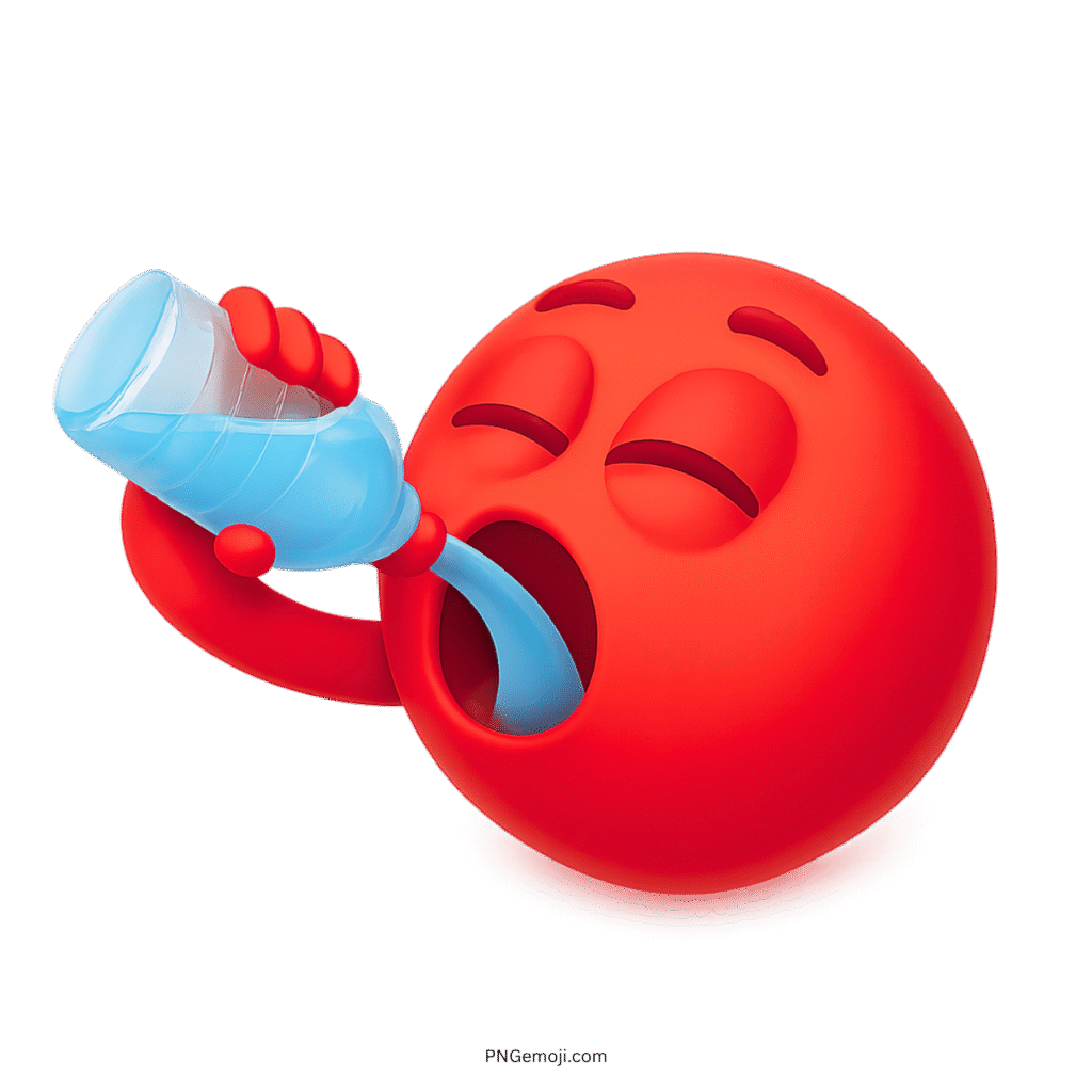 3D red smiley emoji drinking water from bottle symbolizing thirst and refreshment