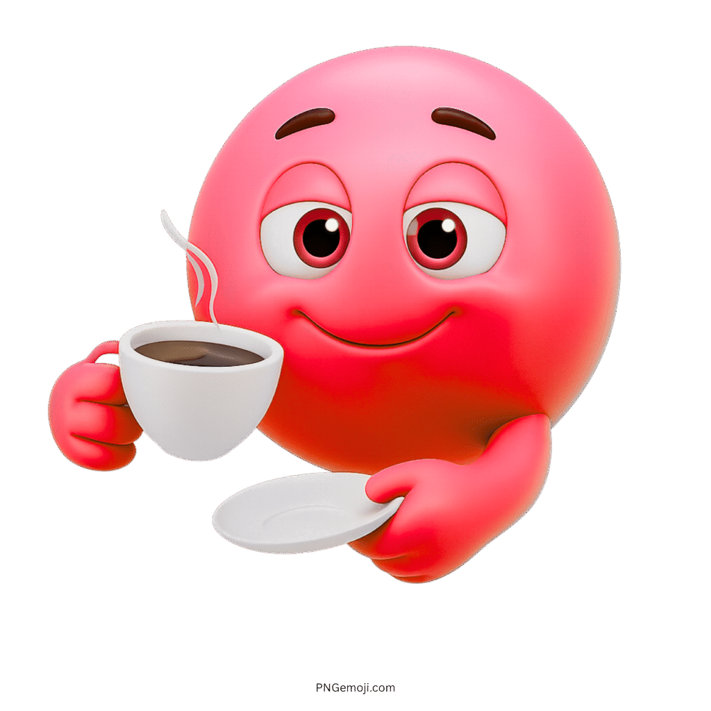 Red smiley emoji with soft smile holding a hot cup of coffee