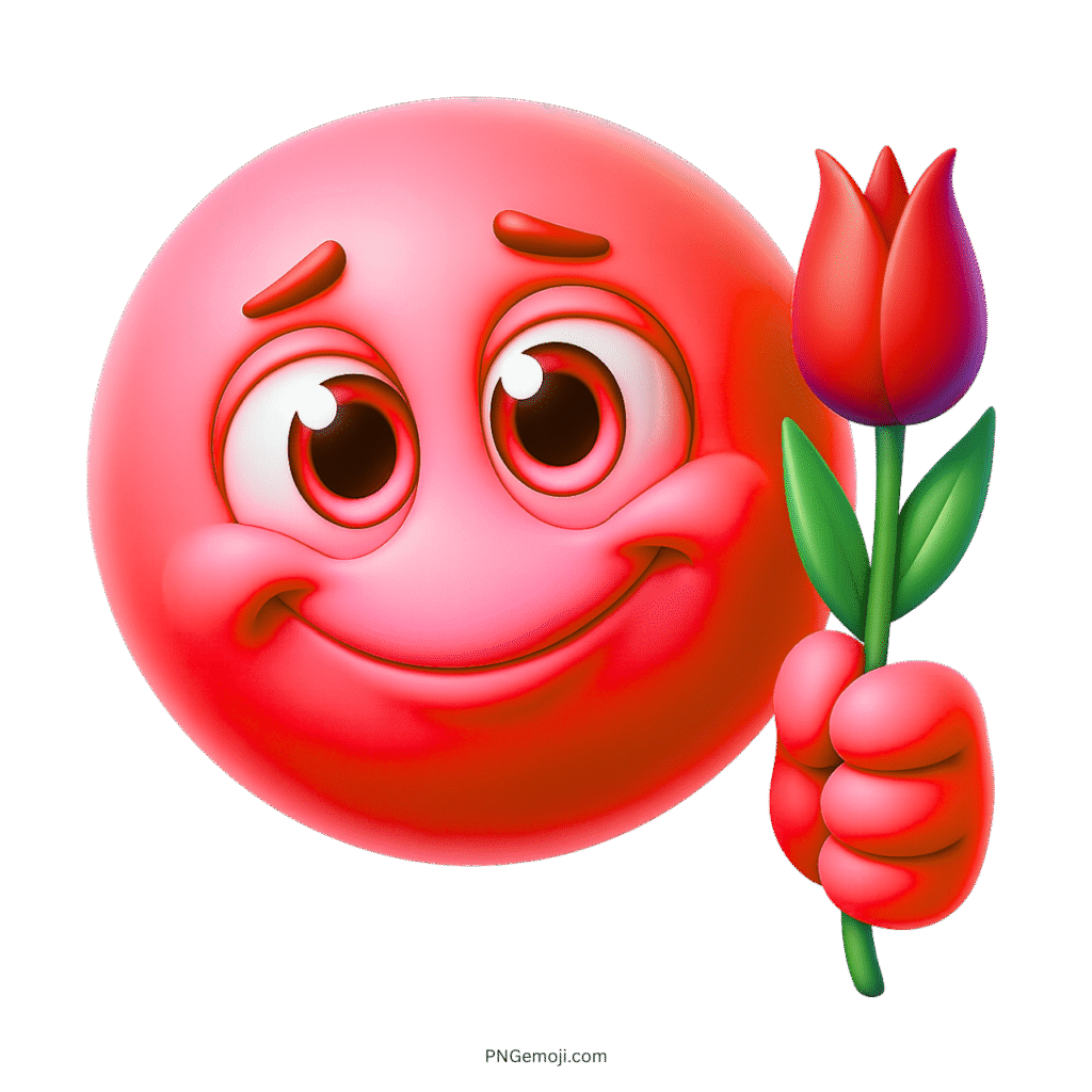 Red smiley emoji with big eyes holding red rose expressing love affection cartoon