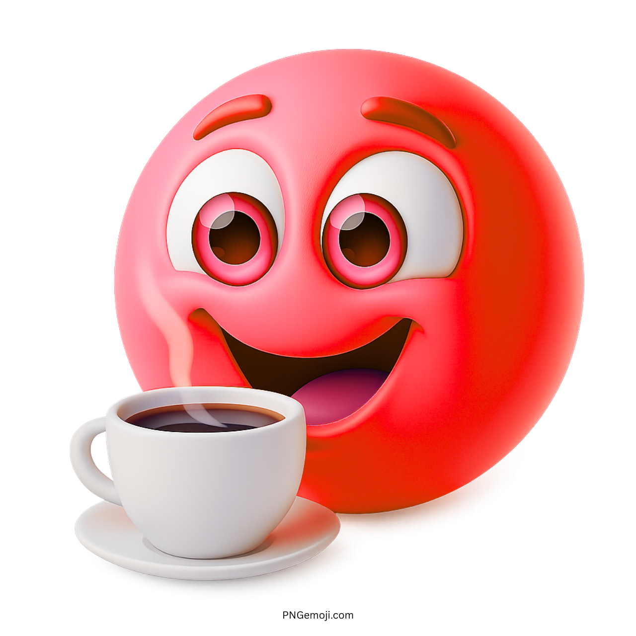 Happy red emoji with steaming coffee cup and cheerful smiling face