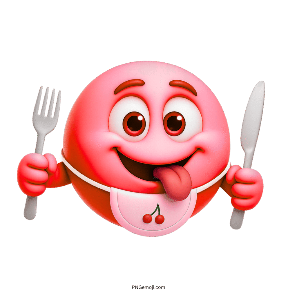 Red emoji with fork knife bib tongue out ready to eat