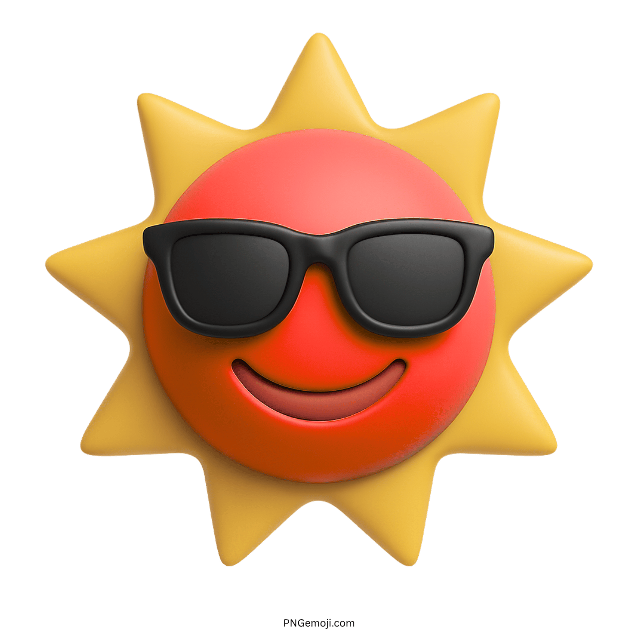 Red 3D sun emoji with sunglasses and smile on transparent background