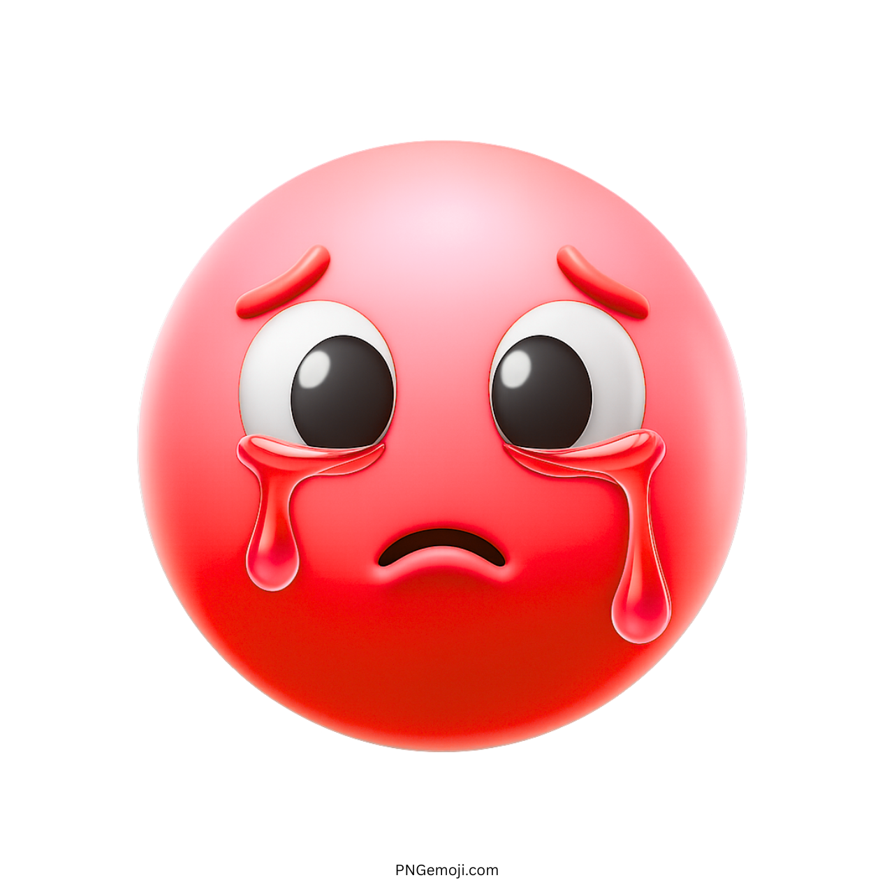 Red sad emoji with big eyes and flowing tears on a distressed expression
