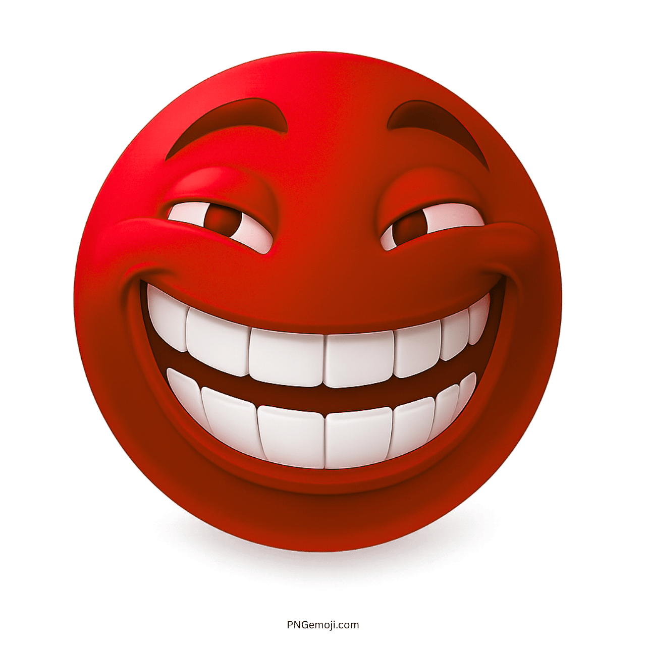 Red troll face emoji with big cheeky grin and playful raised eyebrows