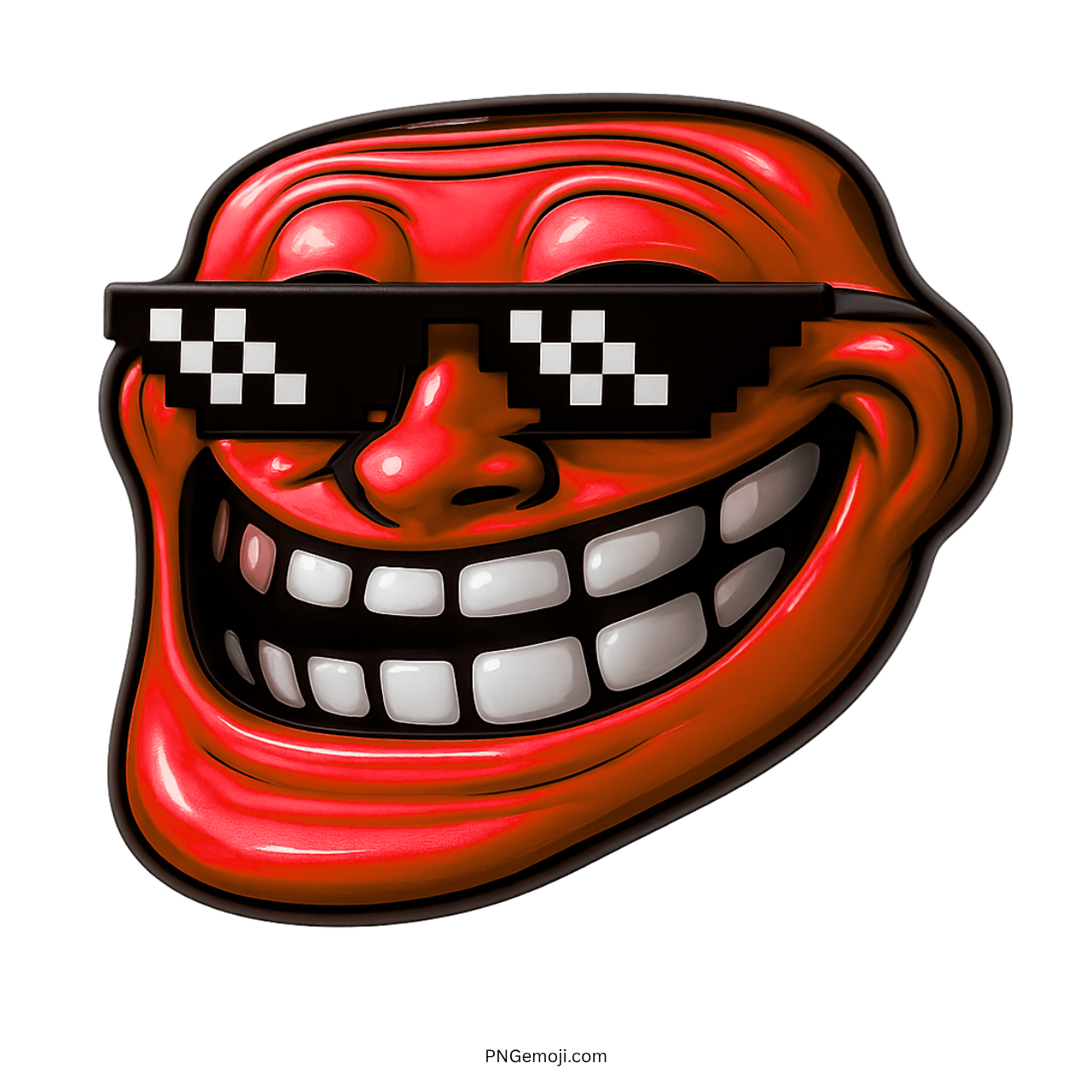 Red troll face meme wearing thug life pixel sunglasses with a wide mischief grin