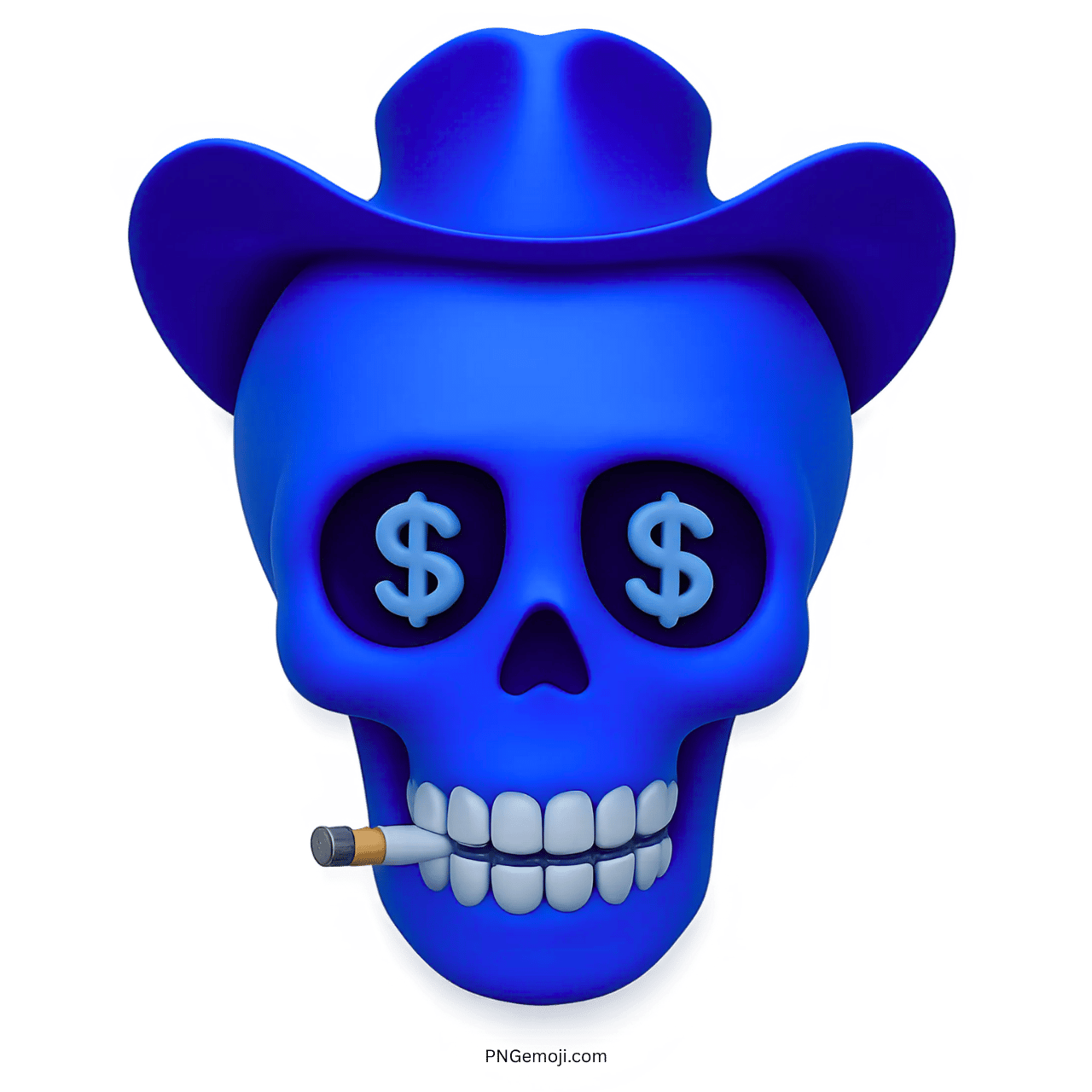 Blue skull emoji with dollar sign eyes, cowboy hat, and cigarette in mouth