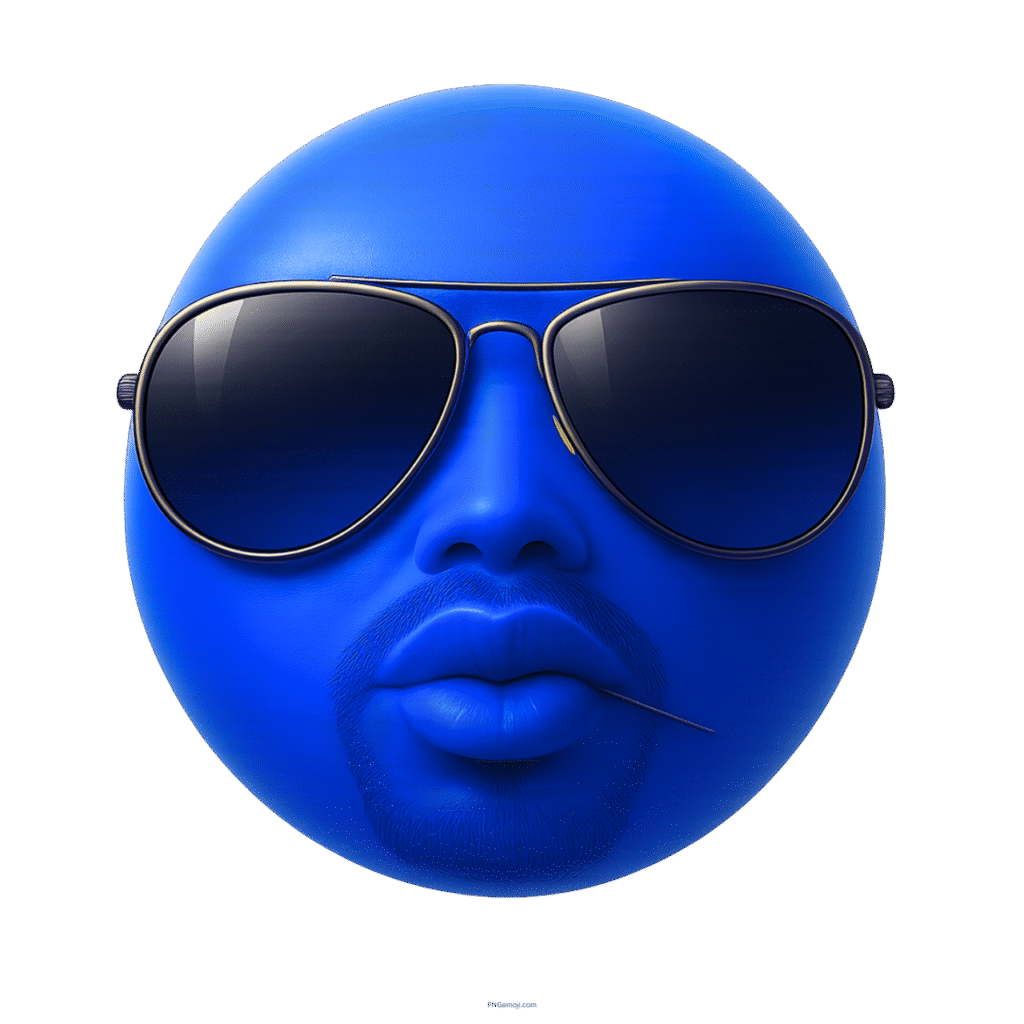 3D blue emoji wearing sunglasses with goatee, pouty lips, and stylish attitude