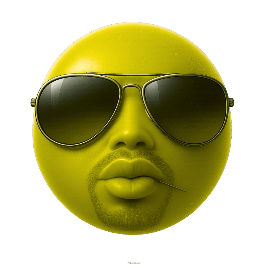 Cool yellow emoji face with sunglasses and beard holding toothpick in mouth