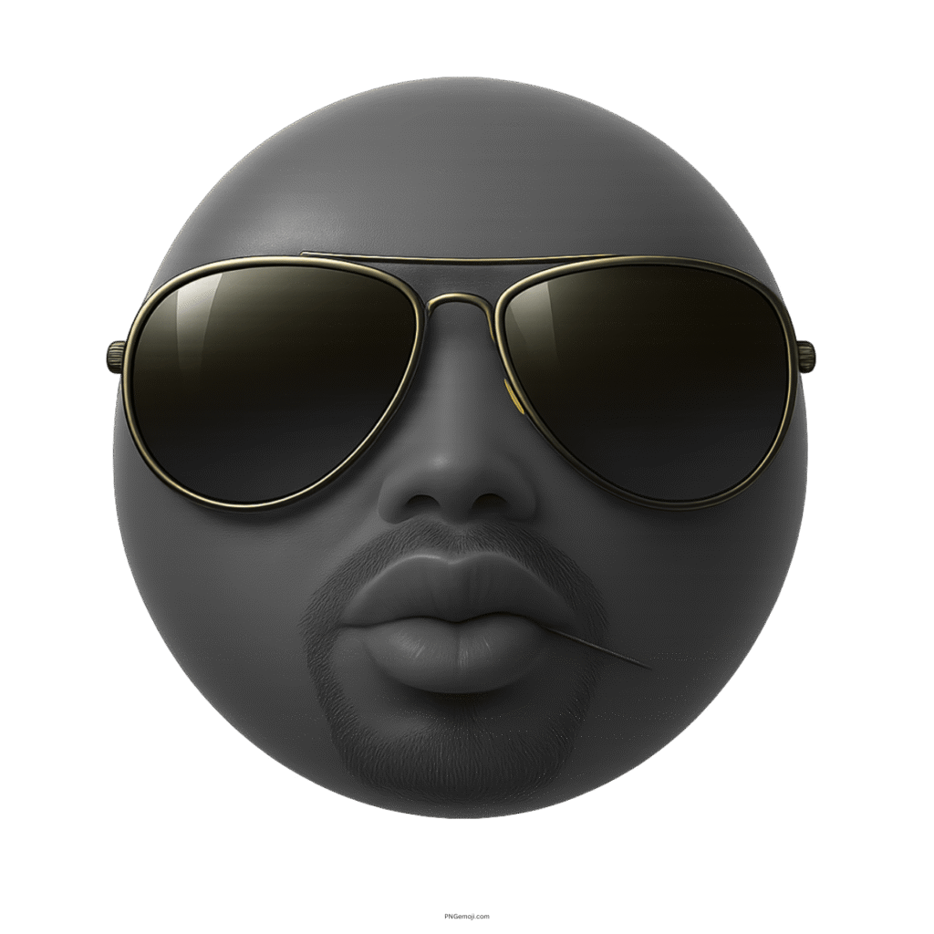3D gray emoji with dark sunglasses, goatee beard, pouty lips, and toothpick attitude