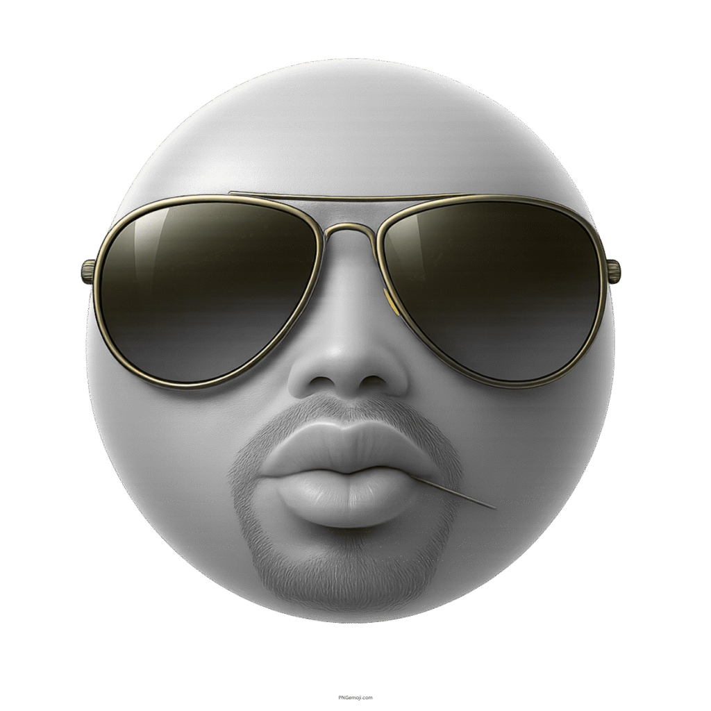 3D white emoji with sunglasses, facial hair, pouty lips, and confident toothpick style