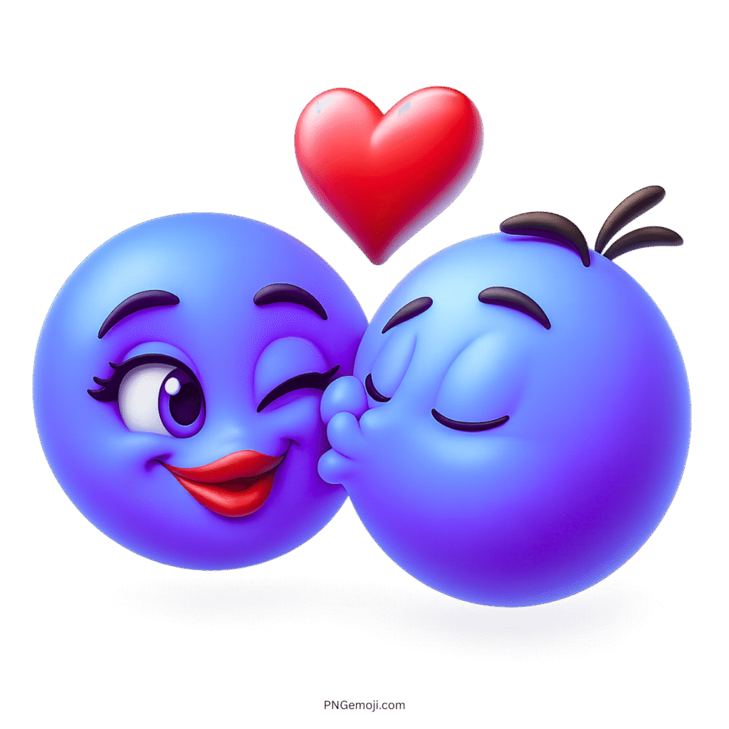 Romantic blue emoji couple kissing with red heart floating above