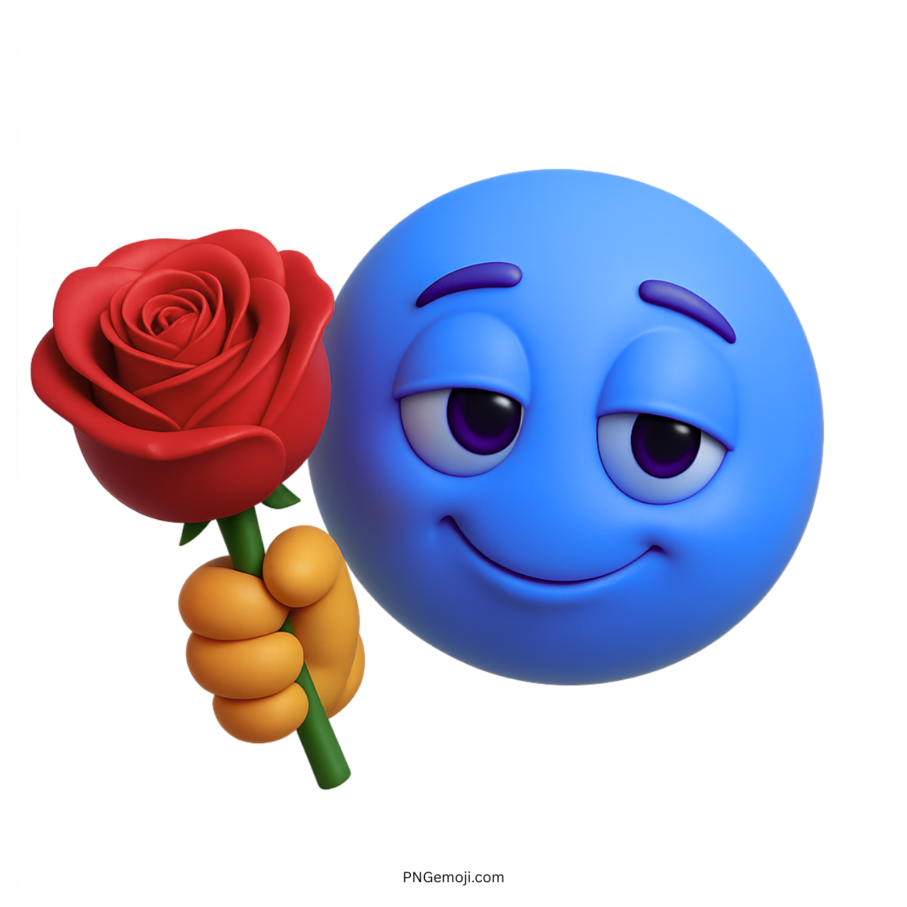 3D blue smiley emoji offering a red rose with charming romantic expression