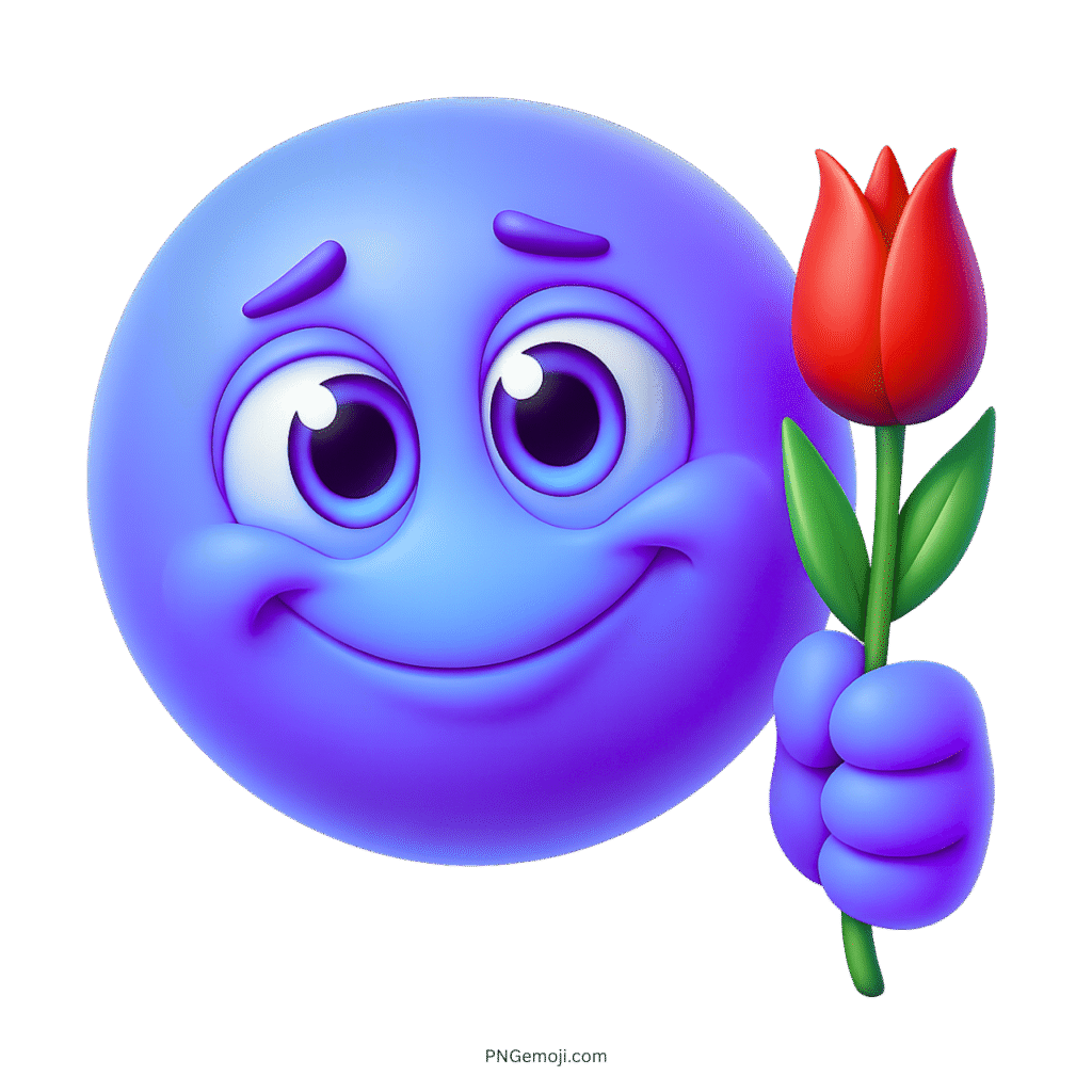 Blue smile emoji holding red rose with happy eyes offering cute cartoon flower