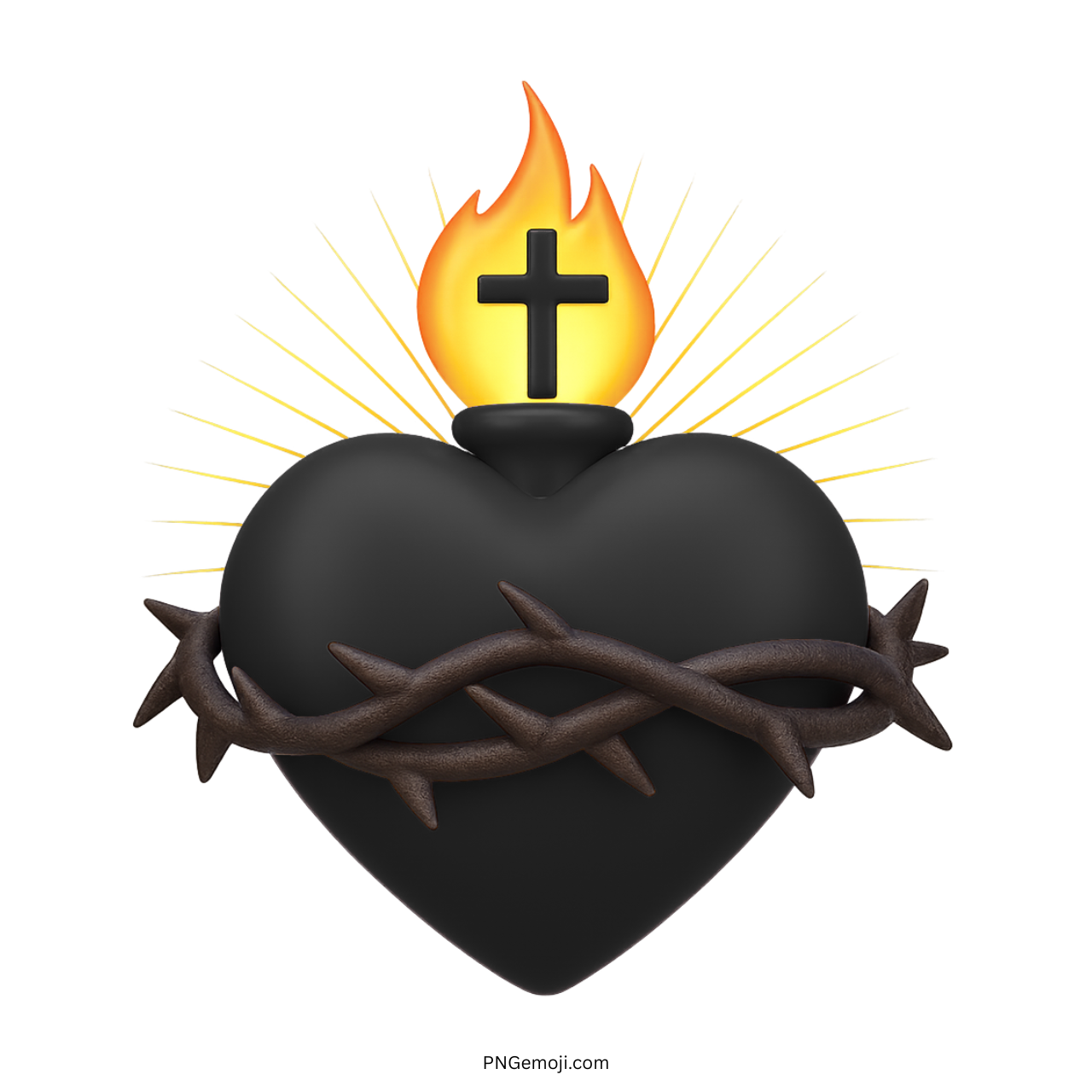 3D black Sacred Heart emoji with flame, cross, thorn crown, and radiant golden light