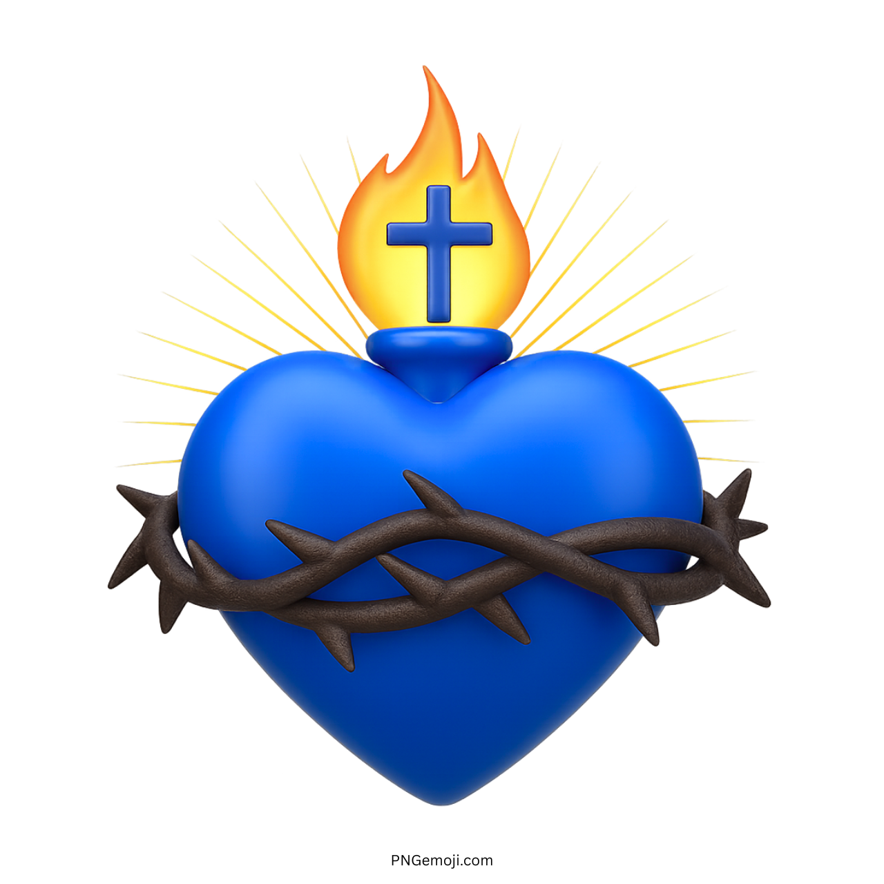 3D blue Sacred Heart emoji with flame, cross, thorns, and radiant light burst