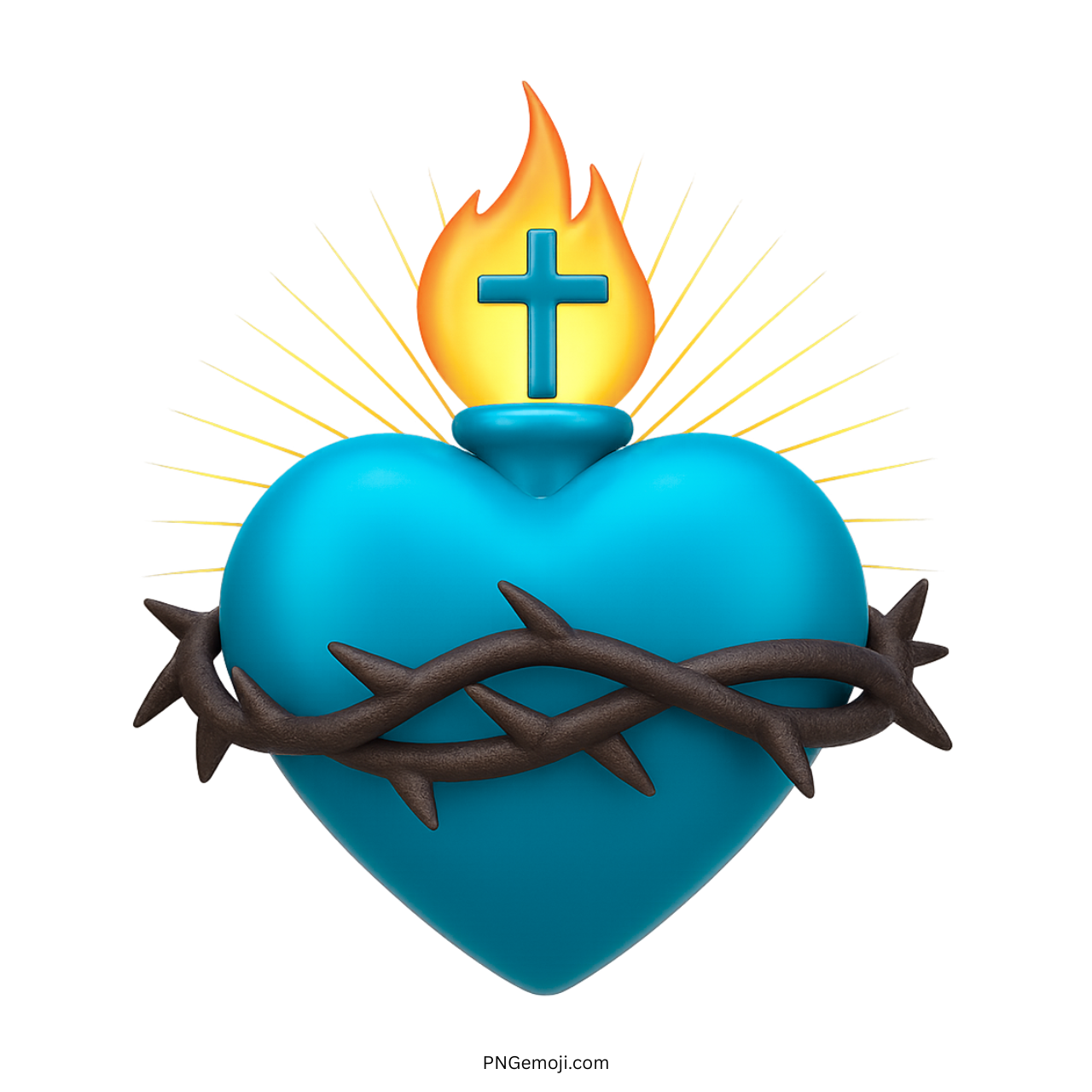 Blue sacred heart emoji with flame, cross, and crown of thorns in 3D style
