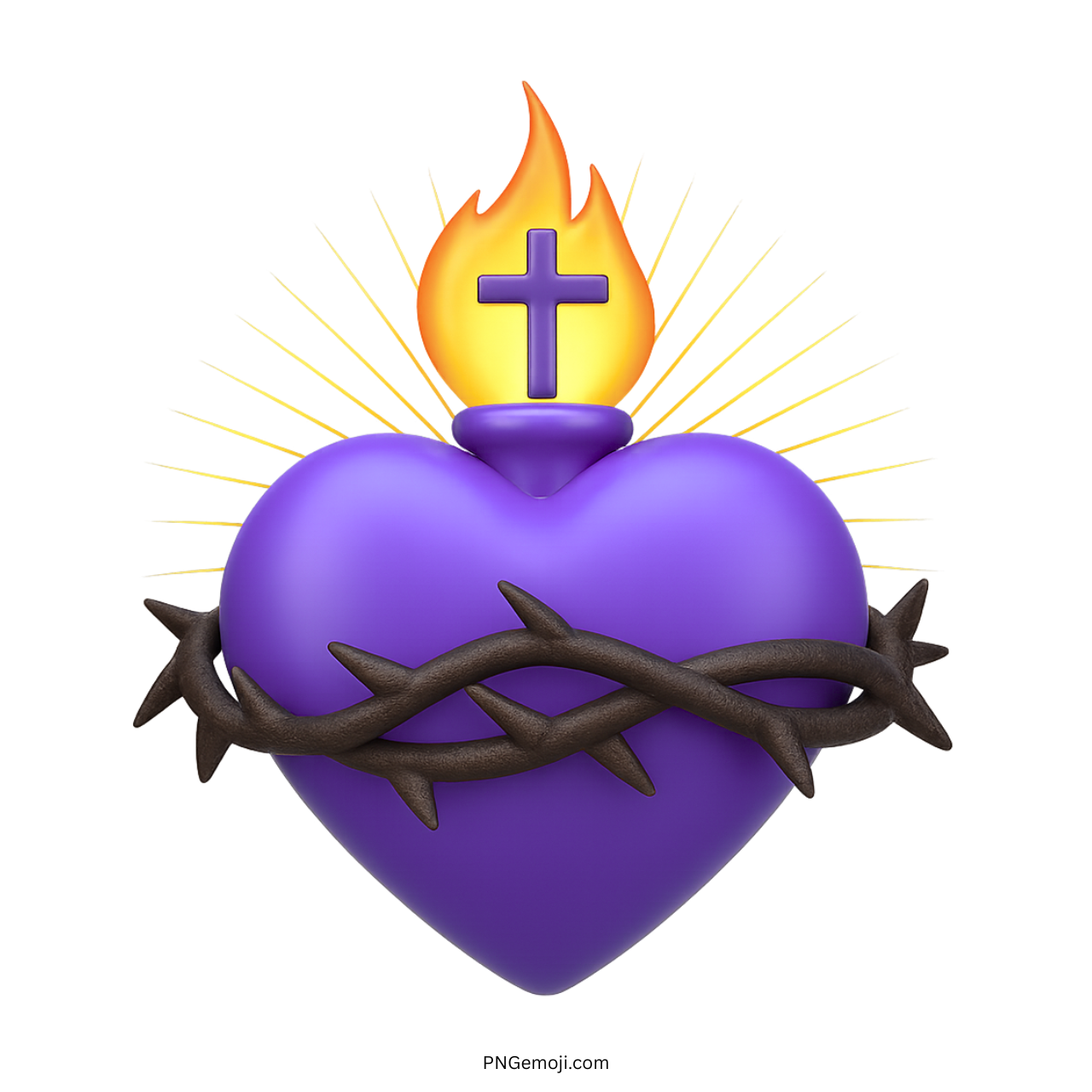 Deep purple sacred heart emoji with crown of thorns, flame, and cross in 3D
