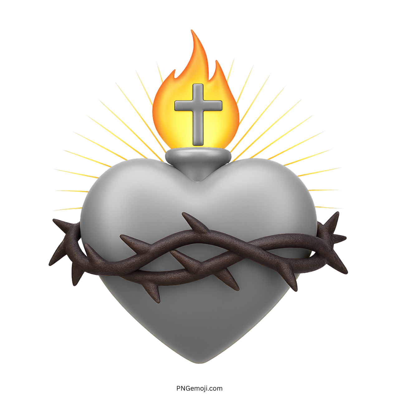Gray sacred heart emoji with cross, glowing flame, and crown of thorns in 3D