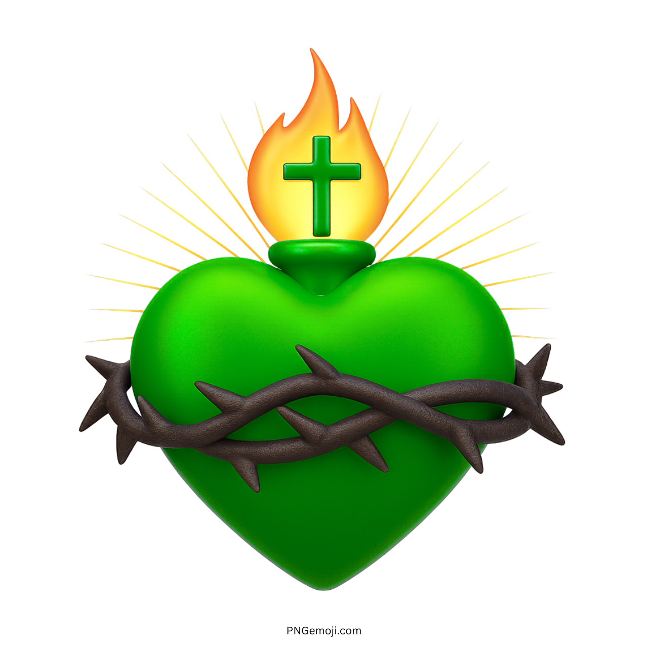 3D green Sacred Heart emoji with flame, cross, crown of thorns, and golden rays
