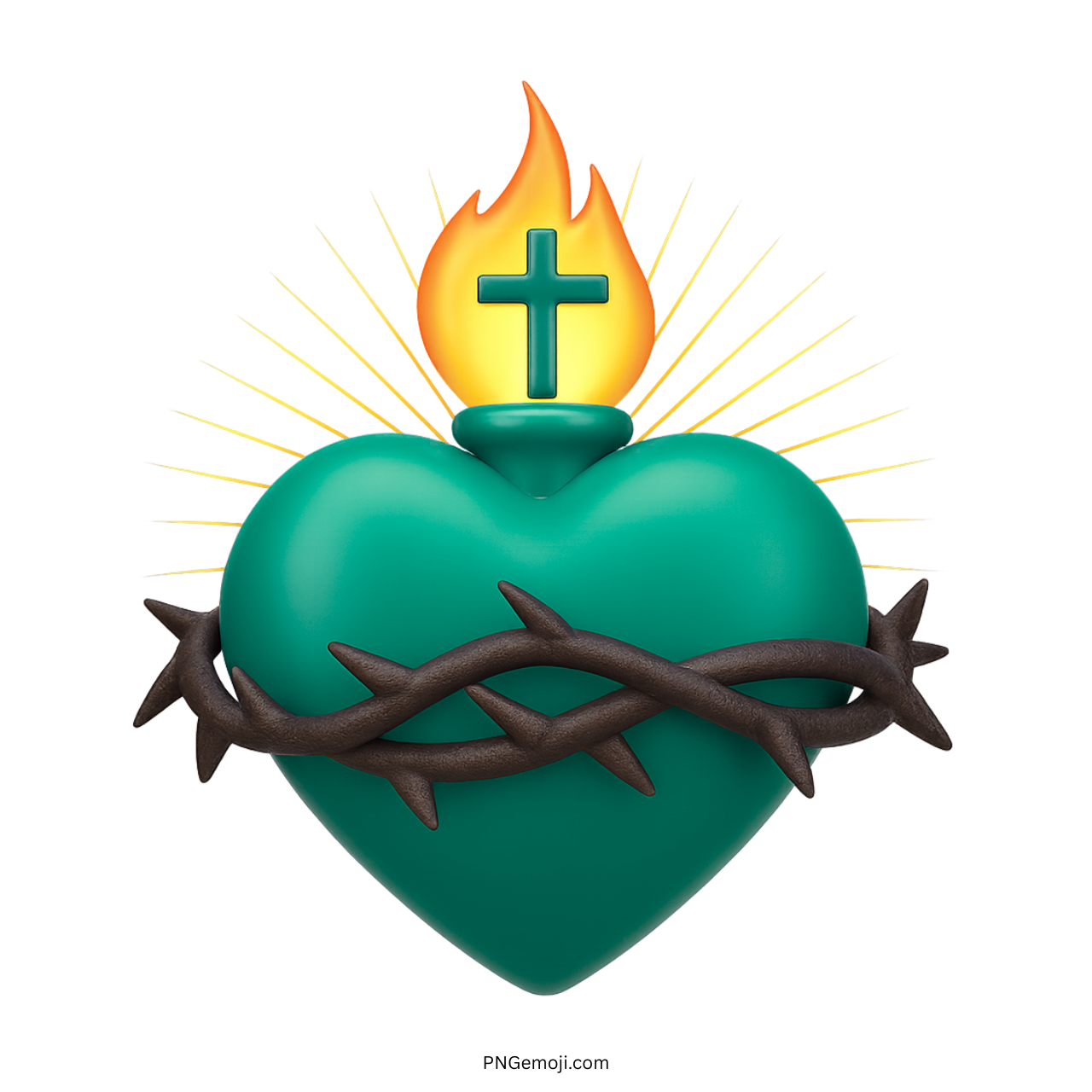 Green sacred heart emoji with flame, cross, and crown of thorns in 3D style