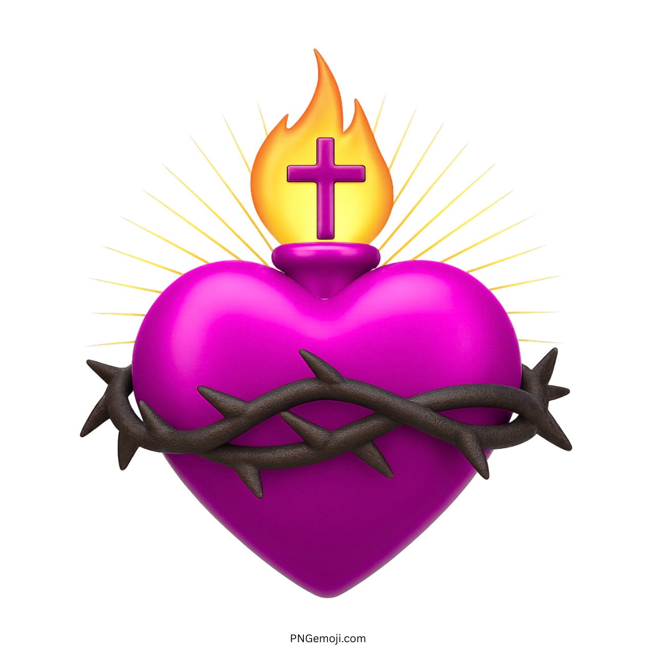 Purple sacred heart emoji with glowing flame, cross, and crown of thorns in 3D