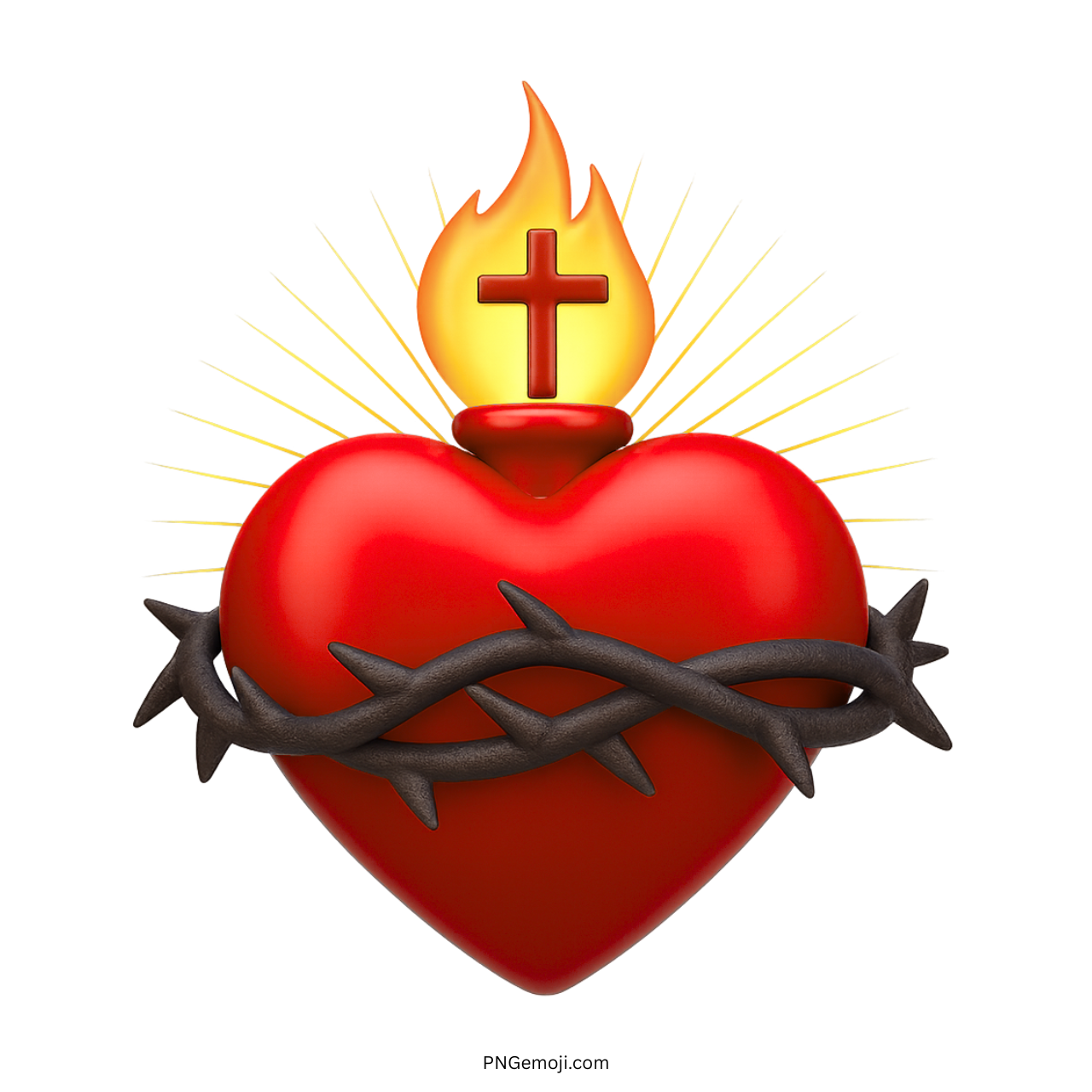 3D red Sacred Heart emoji with flame, cross, crown of thorns, and golden light rays