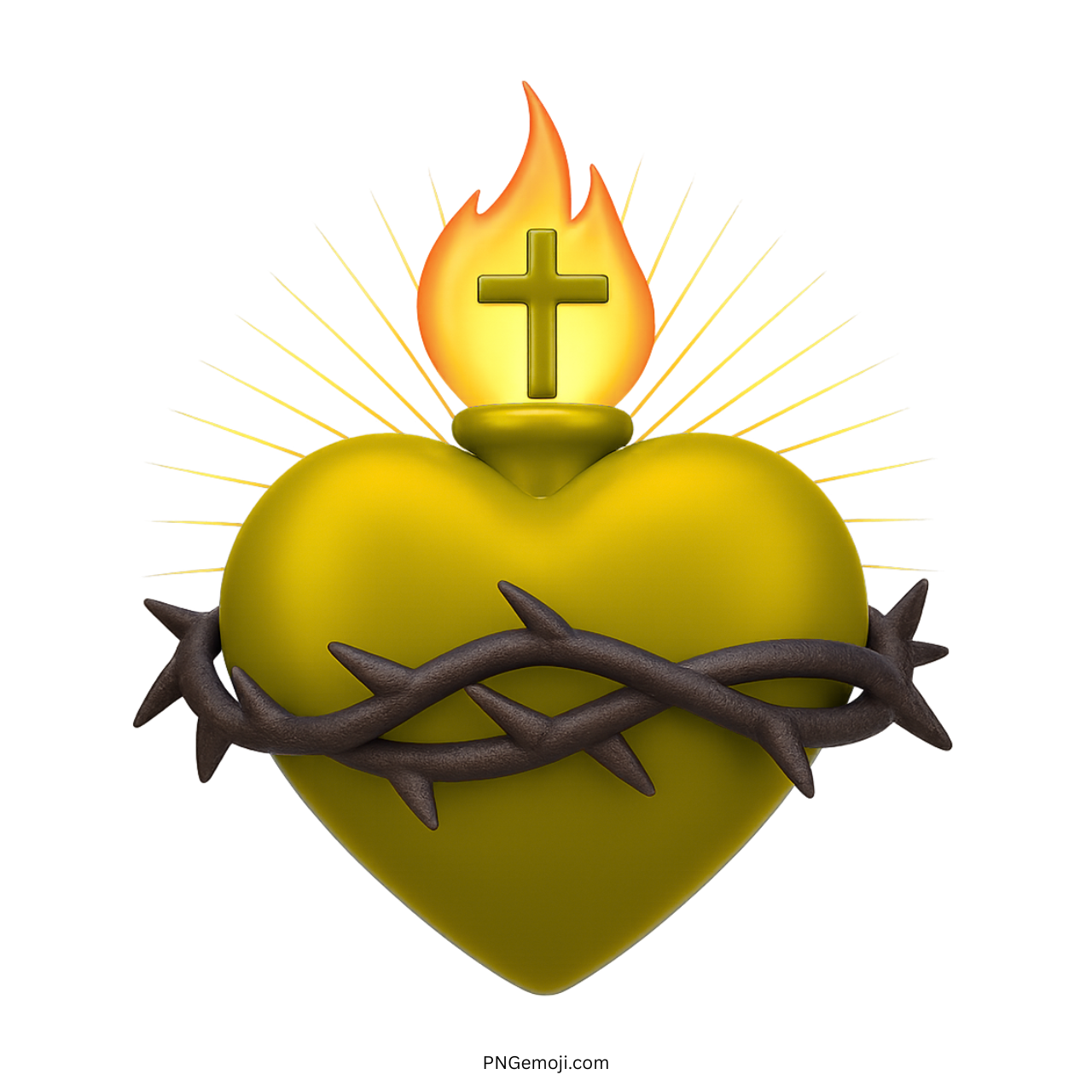 3D yellow Sacred Heart emoji with crown of thorns, glowing cross, flame, and light rays