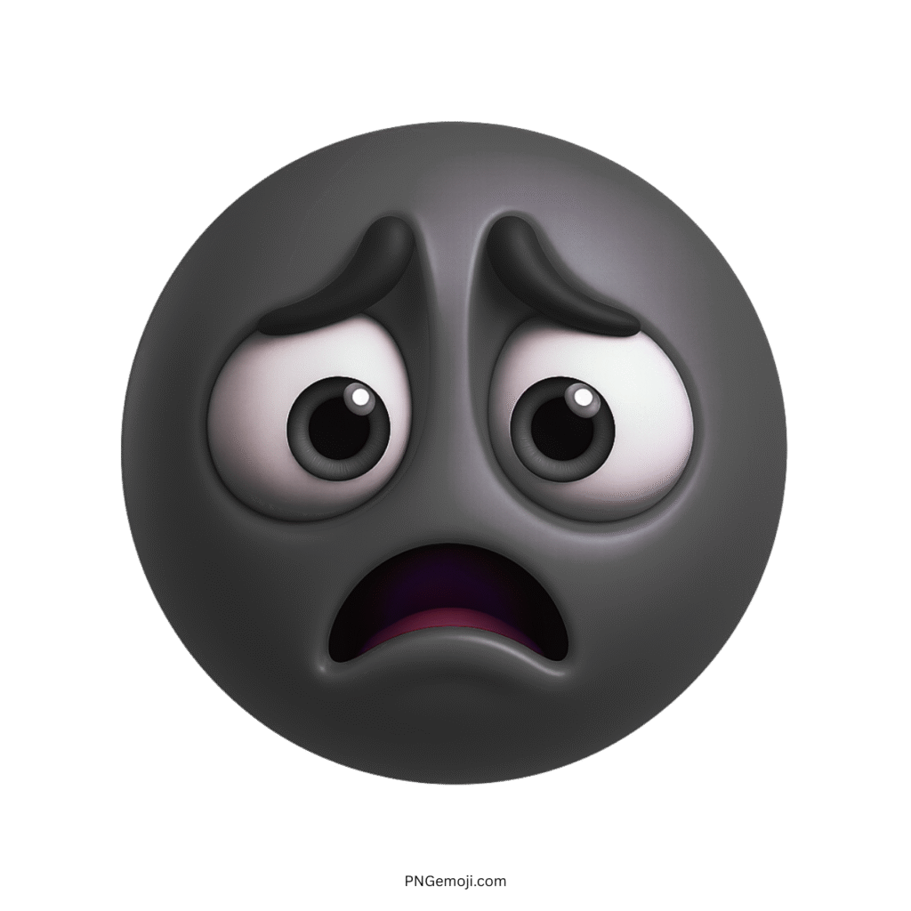 3D sad black emoji with anxious eyes and frown, emotional worried expression