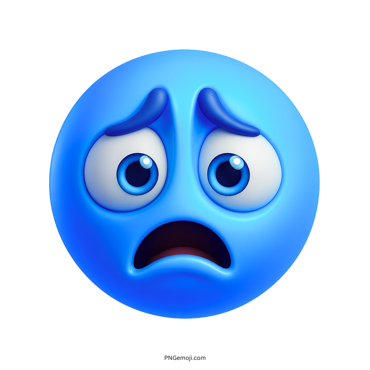 3D sad blue emoji with worried eyes and frown, emotional crying expression
