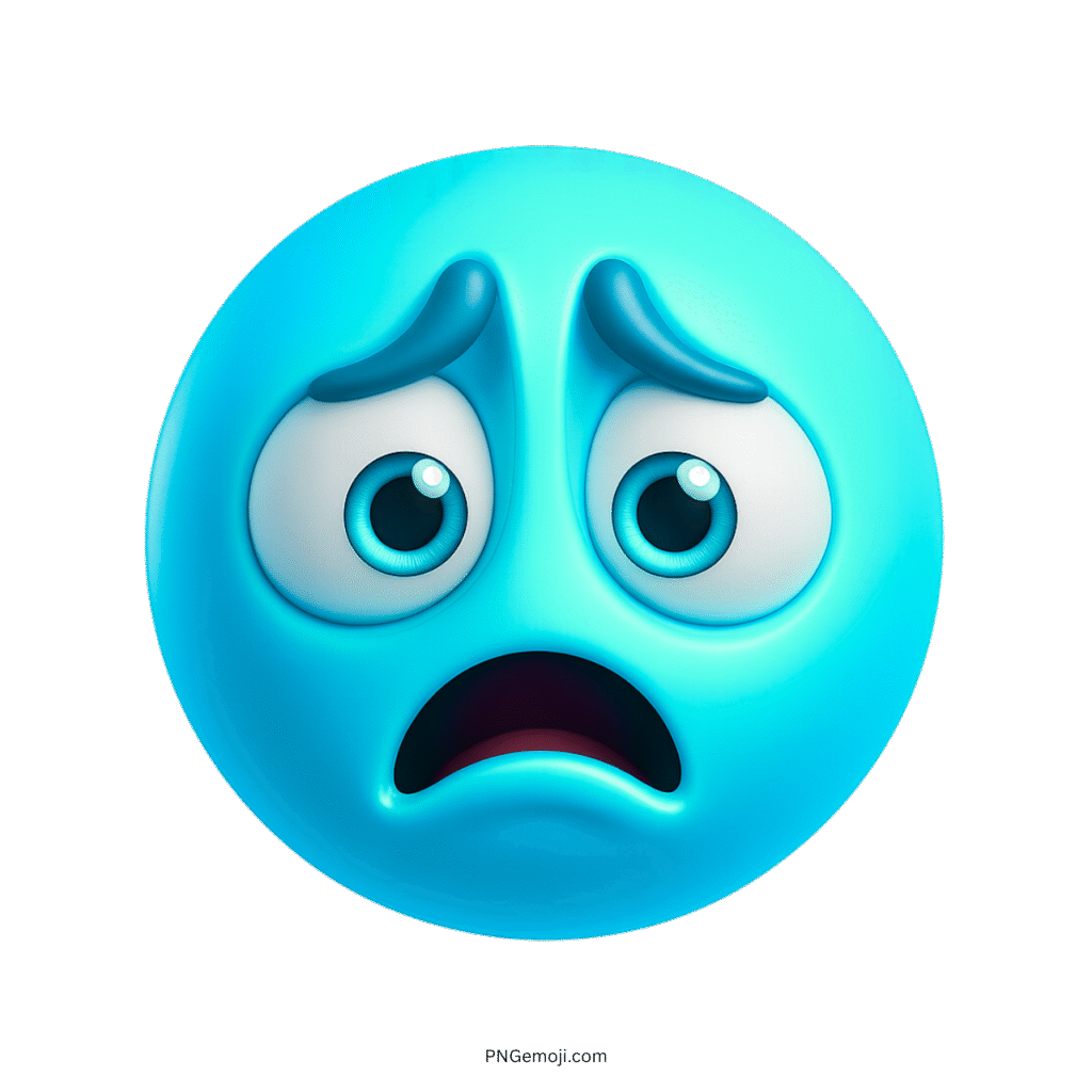 3D sad blue emoji with worried eyes and frown expressing emotional distress