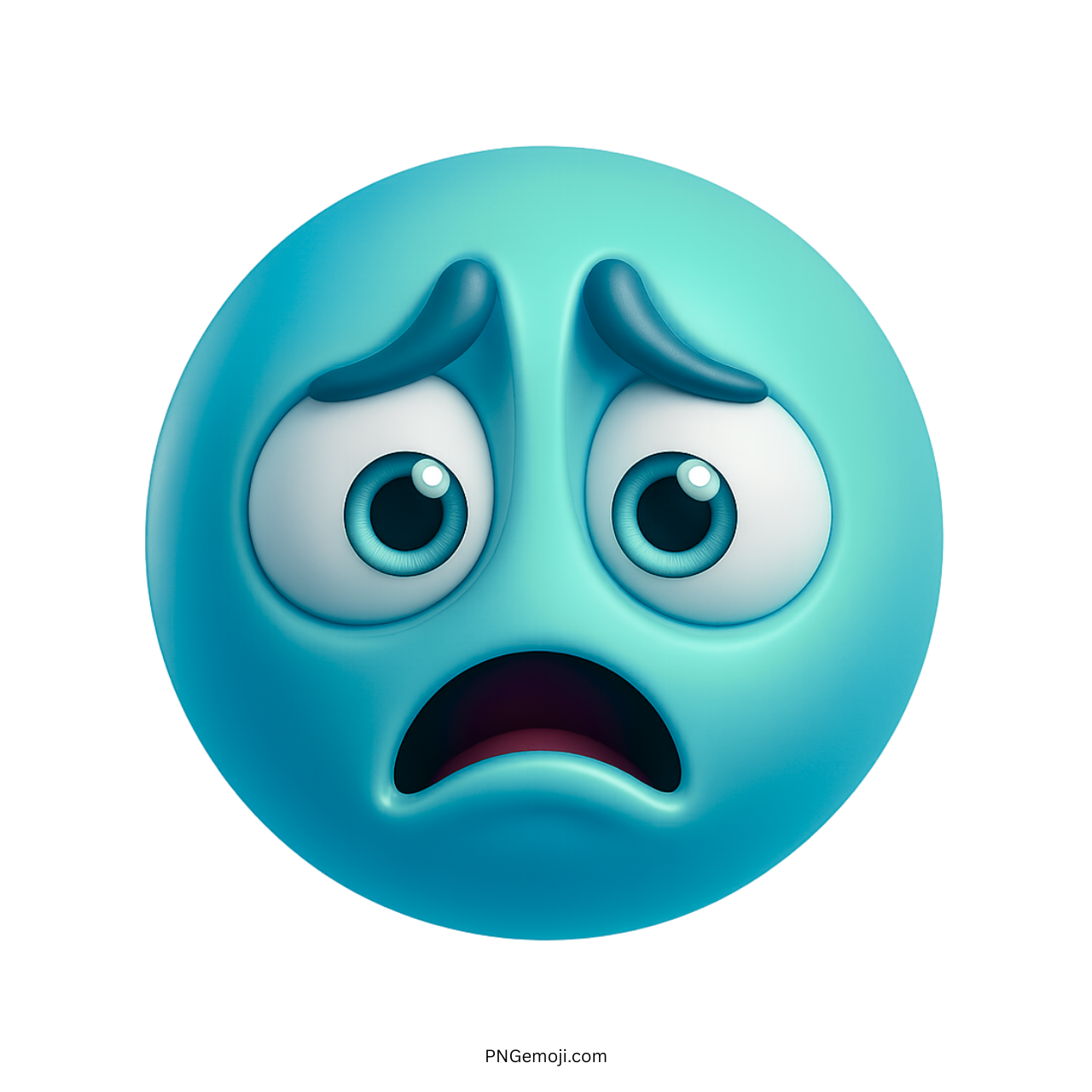 3D light cyan sad emoji with wide fearful eyes and distressed face
