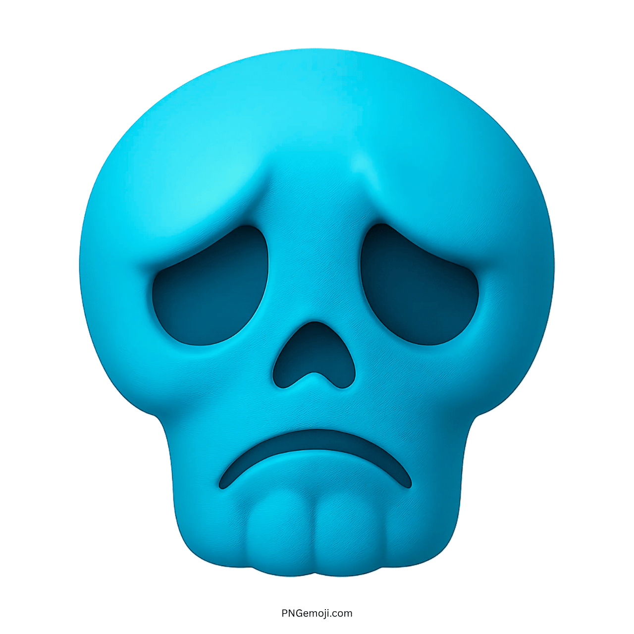 3D cyan sad skull emoji with teardrop eyes and gloomy cartoon face