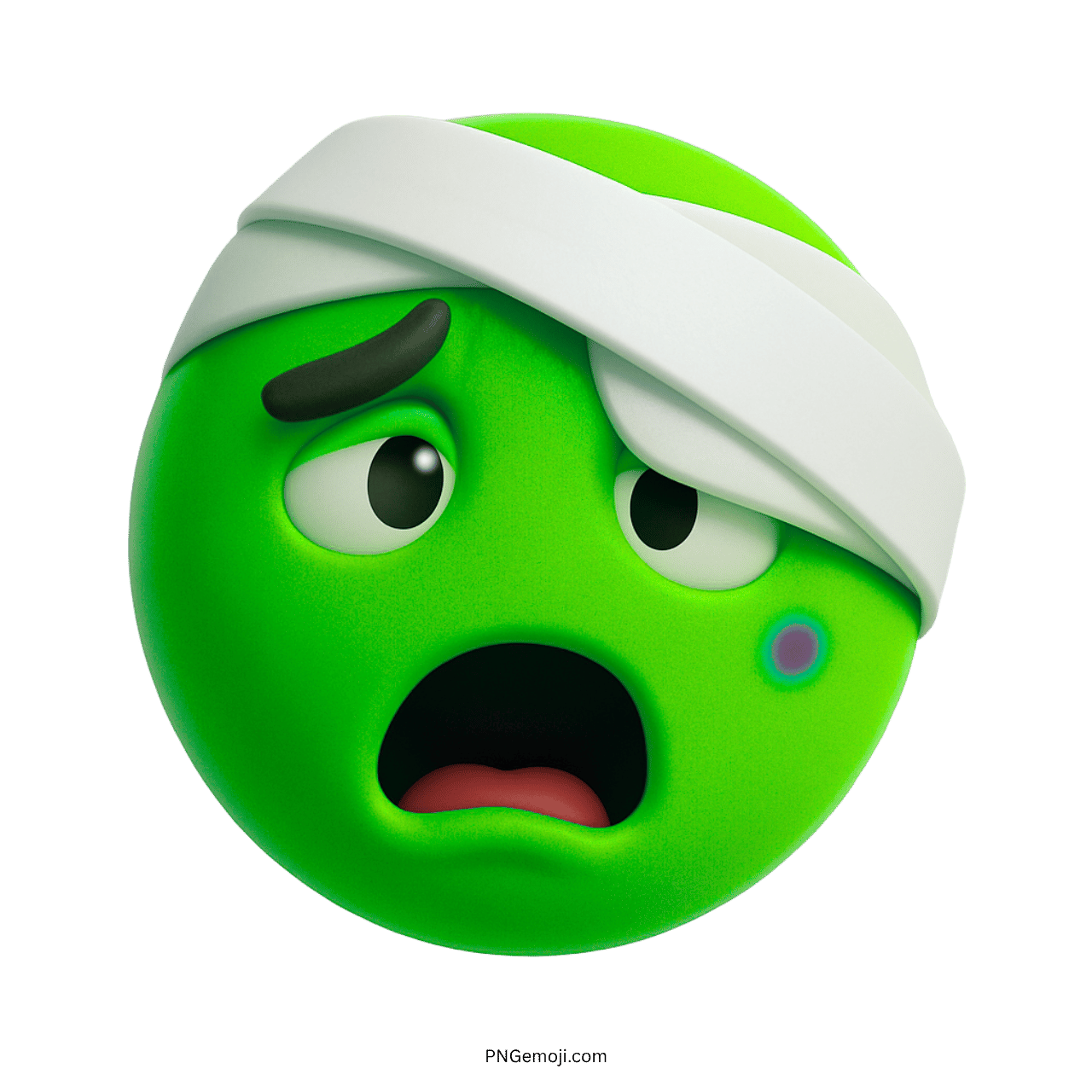 Sad emoji with a green face and head bandage, showing distress