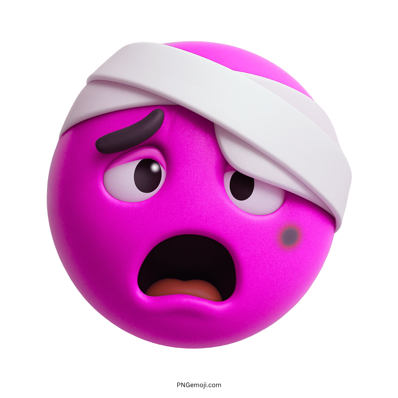 Sad emoji with a pink face and head bandage, showing distress