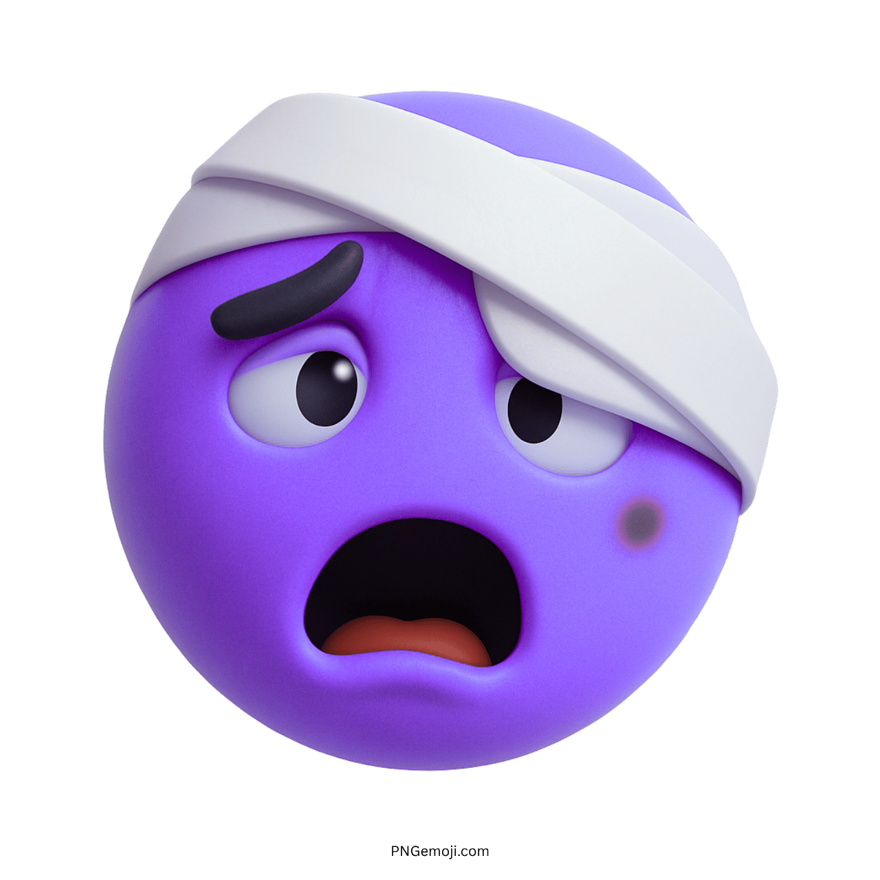  Sad emoji with a purple face and head bandage, showing distress