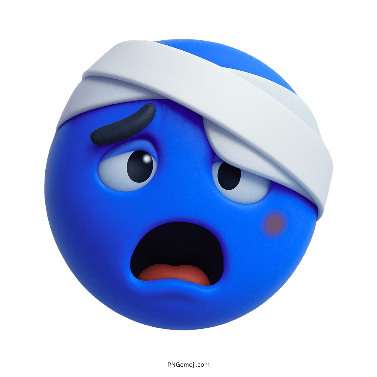 Blue emoji with a sad expression and head bandage