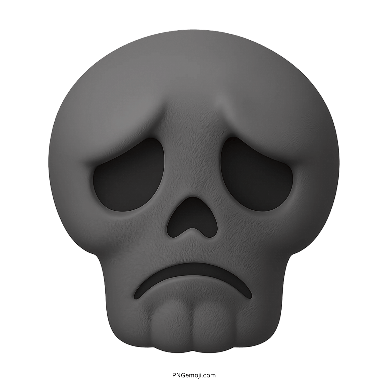 3D gray sad skull emoji with dark hollow eyes and frown face